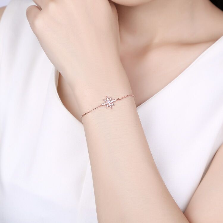 Women\'s Resizable Star Shaped Rose Quartz 925 Sterling Silver Bracelet with Rose Gold Plating